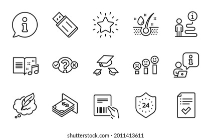 Line icons set. Included icon as Customer satisfaction, Throw hats, Music book signs. Copyright chat, Serum oil, Rank star symbols. Usb flash, Parcel invoice, Approved checklist. Atm money. Vector
