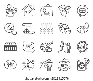 Line icons set. Included icon as Stay home, Evaporation, Project deadline signs. Update data, Loyalty star, Launch project symbols. 360 degree, Eye drops, Statistics. Flexible mattress. Vector