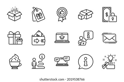 Line icons set. Included icon as Creative idea, Wallet, Open box signs. Internet chat, Coupons, Packing boxes symbols. Positive feedback, Private payment, Website education. Messenger mail. Vector