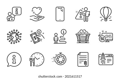 Line icons set. Included icon as Coal trolley, Start business, Payment method signs. Smartphone, Food time, Search employee symbols. Hold heart, Attachment, Coronavirus. 5g internet. Vector