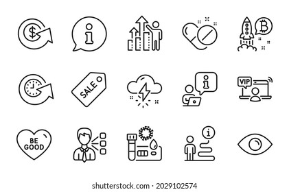 Line Icons Set. Included Icon As Third Party, Dollar Exchange, Eye Signs. Medical Pills, Vip Access, Thunderstorm Weather Symbols. Employee Results, Update Time, Bitcoin Project. Be Good. Vector