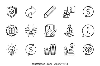 Line icons set. Included icon as Dollar exchange, Income money, Trophy signs. Share, Pencil, Currency symbols. Algorithm, Idea, Return parcel. Surprise gift, Usd exchange, Approved shield. Vector