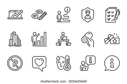 Line icons set. Included icon as Sales diagram, Graph chart, Teamwork signs. No parking, Skyscraper buildings, Heart symbols. Fever, Capsule pill, Keywords. Survey checklist, Loyalty gift. Vector