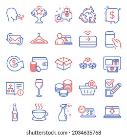 Line icons set. Included icon as Beer, Victory, Technical algorithm signs. Atm, Cappuccino, Wine glass symbols. Payment message, Dollar exchange, Payment method. Online education, Idea. Vector