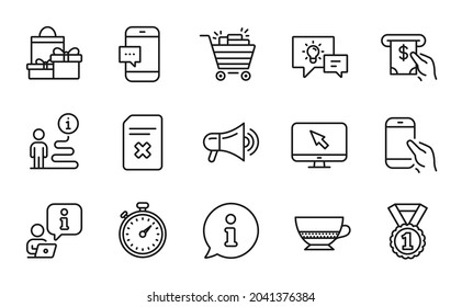 Line icons set. Included icon as Best rank, Bombon coffee, Megaphone signs. Delete file, Atm service, Idea lamp symbols. Shopping, Timer, Shopping cart. Smartphone message, Hold smartphone. Vector