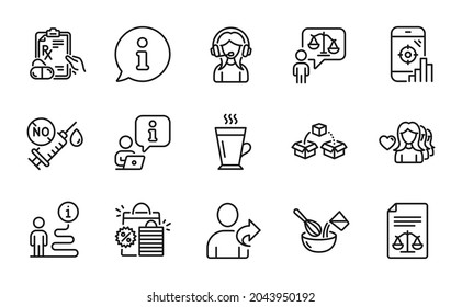 Line icons set. Included icon as Legal documents, Lawyer, Woman love signs. Shopping bags, Latte, Prescription drugs symbols. Refer friend, Support, Cooking whisk. Parcel shipping. Vector