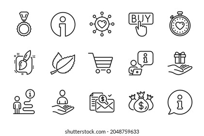 Conjunto de iconos de línea. Icono incluido como pincel de pintura, Compra, Carteles de reclutamiento. Red de citas, programa de lealtad, símbolos de venta de mercado. Temporizador de latido, Comprobación de la inversión, Medalla. Iconos de la línea de información. Vector