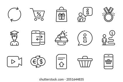 Line icons set. Included icon as Upload file, Shop cart, Holidays shopping signs. Full rotation, Phone communication, Student symbols. Video camera, Honor, Money exchange. Special offer. Vector