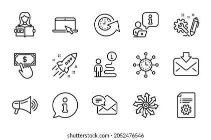 Line Icons Set. Included Icon As Incoming Mail, Woman Read, Technical Documentation Signs. Update Time, Payment Click, Portable Computer Symbols. Versatile, New Mail, Megaphone. World Time. Vector