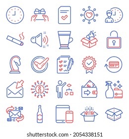 Line icons set. Included icon as Cleanser spray, Open mail, Working hours signs. Loud sound, Marketing strategy, Dating network symbols. Certificate, Refund commission, Confirmed. Info. Vector