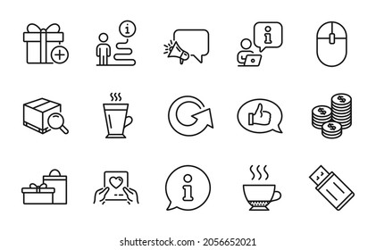 Line icons set. Included icon as Gifts, Search package, Usb flash signs. Megaphone, Coins, Computer mouse symbols. Add gift, Feedback, Reload. Love mail, Espresso, Latte line icons. Vector