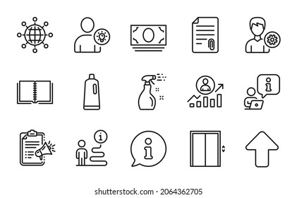 Line icons set. Included icon as Megaphone checklist, Support, Shampoo signs. Cleaning spray, Book, International globe symbols. Attachment, Upload, Career ladder. User idea, Cash money. Vector