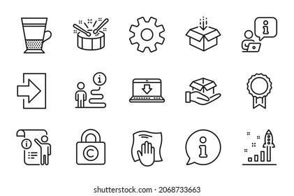 Line icons set. Included icon as Hold box, Washing cloth, Development plan signs. Drums, Get box, Login symbols. Manual doc, Reward, Copyright locker. Double latte, Internet downloading. Vector