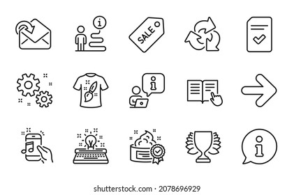 Line icons set. Included icon as Recycle, Cream, Read instruction signs. Work, T-shirt design, Typewriter symbols. Sale ticket, Next, Music phone. Receive mail, Winner, Checked file. Vector