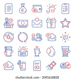 Line icons set. Included icon as Money bag, Incoming mail, Sms signs. Fast payment, Presentation time, Musical note symbols. Document, Interview, Skin cream. New mail, Frappe, Opinion. Tea. Vector