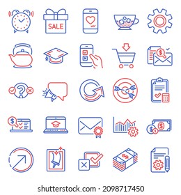 Line icons set. Included icon as Online accounting, Mobile survey, Dollar money signs. Service, Love chat, Online market symbols. Direction, Checkbox, Graduation cap. Quiz test, Sale offer. Vector