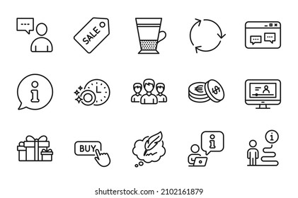 Line icons set. Included icon as Holiday presents, Group, Dishwasher timer signs. Buy button, Users chat, Recycling symbols. Savings, Double latte, Copyright chat. Online video line icons. Vector