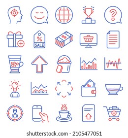 Line icons set. Included icon as Trade infochart, Bombon coffee, Upload signs. Recruitment, File, Maximize symbols. Infochart, Tea cup, Upload file. Sale coupon, Add gift, Headhunting. Vector