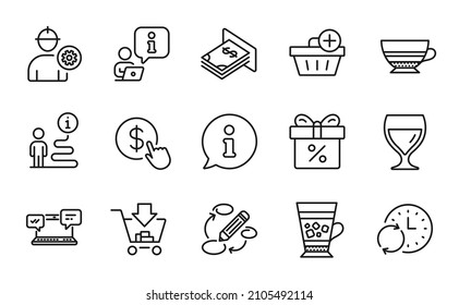 Line icons set. Included icon as Atm money, Frappe, Discount offer signs. Wine glass, Internet chat, Keywords symbols. Update time, Add purchase, Engineer. Buy currency, Mocha, Shopping. Vector