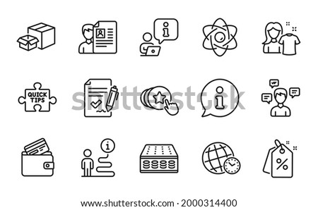 Line icons set. Included icon as Packing boxes, Time zone, Hold heart signs. Clean shirt, Mattress, Job interview symbols. Atom core, Debit card, Quick tips. Conversation messages. Vector