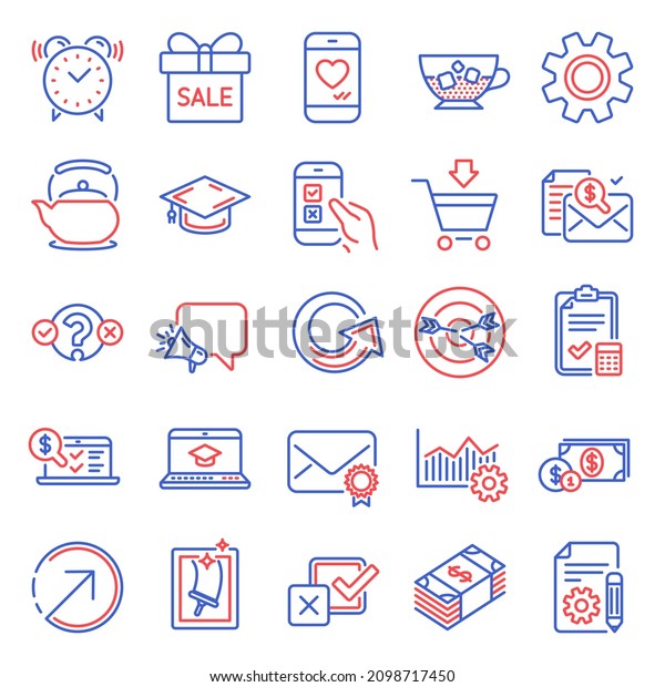 Line icons set. Included icon as Online\
accounting, Mobile survey, Dollar money signs. Service, Love chat,\
Online market symbols. Direction, Checkbox, Graduation cap. Quiz\
test, Sale offer. Vector