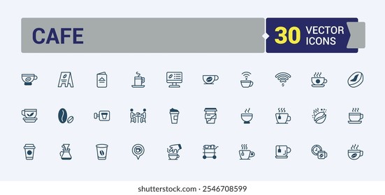 Café line icons set. Includes thin line fast, caffeine, hot, espresso, menu, cappuccino, morning and more. Thin outline icons pack. 