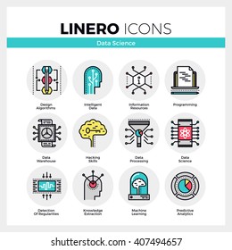 Line icons set of intelligent data science, machine learning. Modern color flat design pictogram collection. Outline vector concept of mono stroke symbol pack. Premium quality web graphics material.