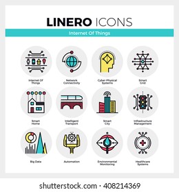 Line icons set of internet of things technology infrastructure. Modern color flat design pictogram collection. Outline vector concept of mono stroke symbol pack. Premium quality web graphics material.