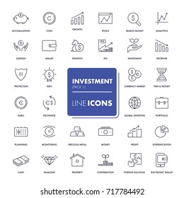 Ícones de linha definidos. Pacote de investimento. Ilustração vetorial.