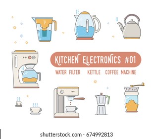 Line icons set of kitchen electronics pictogram symbol collection for website,mobile application,banner,flyer,leaflet,Infographics. Food equipment-kettle,coffee machine,water filter,coffee grinder.