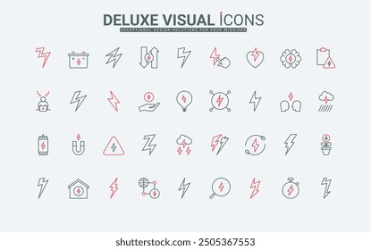 Liniensymbole mit Blitz gesetzt. Elektrische Energie und Stromversorgung Batterie, Stress und Brainstorm Zeichen, Wolken Sturm und Gewitter Gefahr, Warnung dünnen schwarzen und roten Umrisssymbole Vektorgrafik