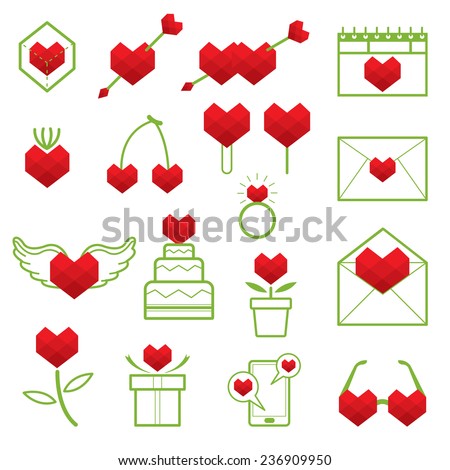 Line Icons Set : Love Objects, Heart Polygon Style