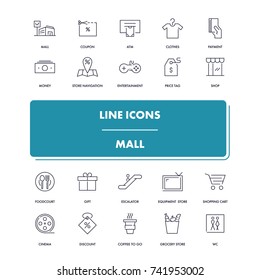 Line icons set. Mall pack. Vector illustration for shopping and entertainment 
