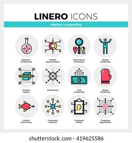 Line icons set of market leader instruments and key factors Modern color flat design linear pictogram collection Outline vector concept of mono stroke symbol pack Premium quality web graphics material