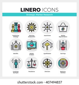 Line icons set of market research strategy, focus on profit. Modern color flat design  pictogram collection. Outline vector concept of mono stroke symbol pack. Premium quality web graphics material.