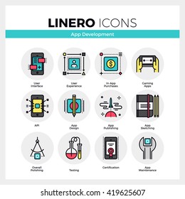 Line icons set of mobile application development process. Modern color flat design linear pictogram collection. Outline vector concept of mono stroke symbol pack. Premium quality web graphics material