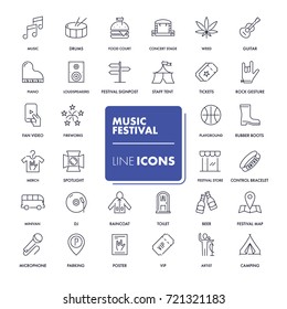 Line icons set. Music festival pack. Vector illustration.