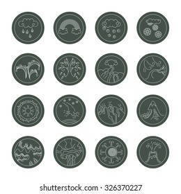Line icons set. Natural phenomena: rain, rainbow, hail, snow, dew, leaf fall, storm, wind, halo, shooting star, earthquake, avalanche, polar lights, whirlwind, solar eclipse, volcanic eruption
	
