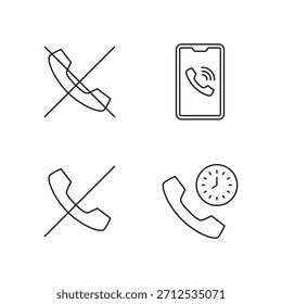 Line icons set: no call, ringing phone, mute, call time.