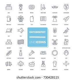  Line icons set. Octoberfest pack. Vector illustration with festival elements and symbols includes beer, clothes, food, music 