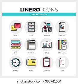 Iconos de línea conjunto de herramientas esenciales de oficina, suministros para el negocio. Colección lineal de pictogramas de diseño plano y color moderno. Concepto de vector de esquema del conjunto de símbolos de trazo. Material gráfico web de calidad superior.