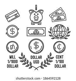 Iconos de línea establecidos en el tema del dinero, la moneda, las finanzas. Dólar de unidad monetaria y derivados de él - céntimo y molino. Ilustración en blanco y negro del vector
