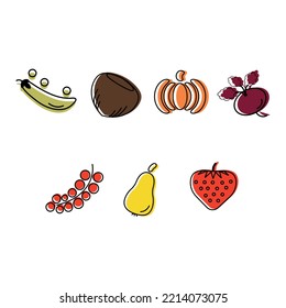 Zeilensymbole auf weißem Hintergrund gesetzt. Sammlung von gesunden und ökologischen Lebensmitteln - Früchte, Beeren, Gemüse, Nüsse, Hülsenfrüchte.