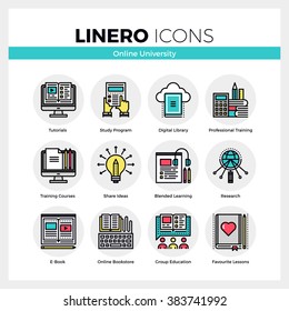 Line icons set of online university learning, group study. Modern color flat design linear pictogram collection. Outline vector concept of stroke symbol pack. Premium quality web graphics material.