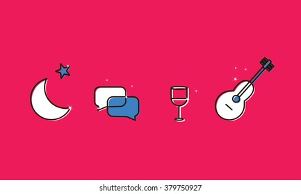 Line Icons Set of Party and Date. Linear Icons: Evening, Talk, Drinking and Guitar. Isolated on Red Background.