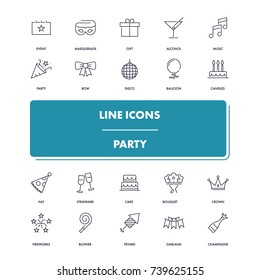 Line icons set. Party pack. Vector illustration for fun and happy event, holidays and leisure