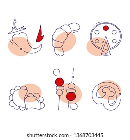 Line icons set with pizza croissant barbecue 
dumplings, pepper, Bavarian pretzel isolated vector illustration .World food international cuisine 
German Russian Mexican German Italian