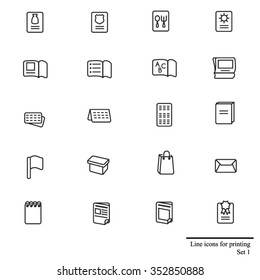 Line icons set for printing stuff / There are types of printing products like calendars, boxes and magazines
