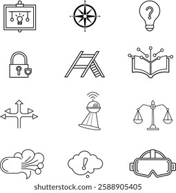  line icons set related to creativity, idea, innovation, teamwork, invention. Outline icon collection. Editable stroke. Vector illustration