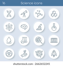 Conjunto de ícones de linha relacionados à ciência e pesquisa. Inclui DNA, microscópio, átomo, cérebro, ferramentas de laboratório, moléculas, foguete, vírus e tubos de teste. Perfeito para projetos de educação, médicos e de tecnologia.